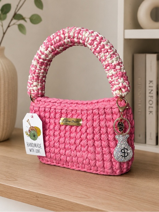 Handbags - 105-Marshmallow Muse Crochet Bag _ Pink/Off-white-Handmade